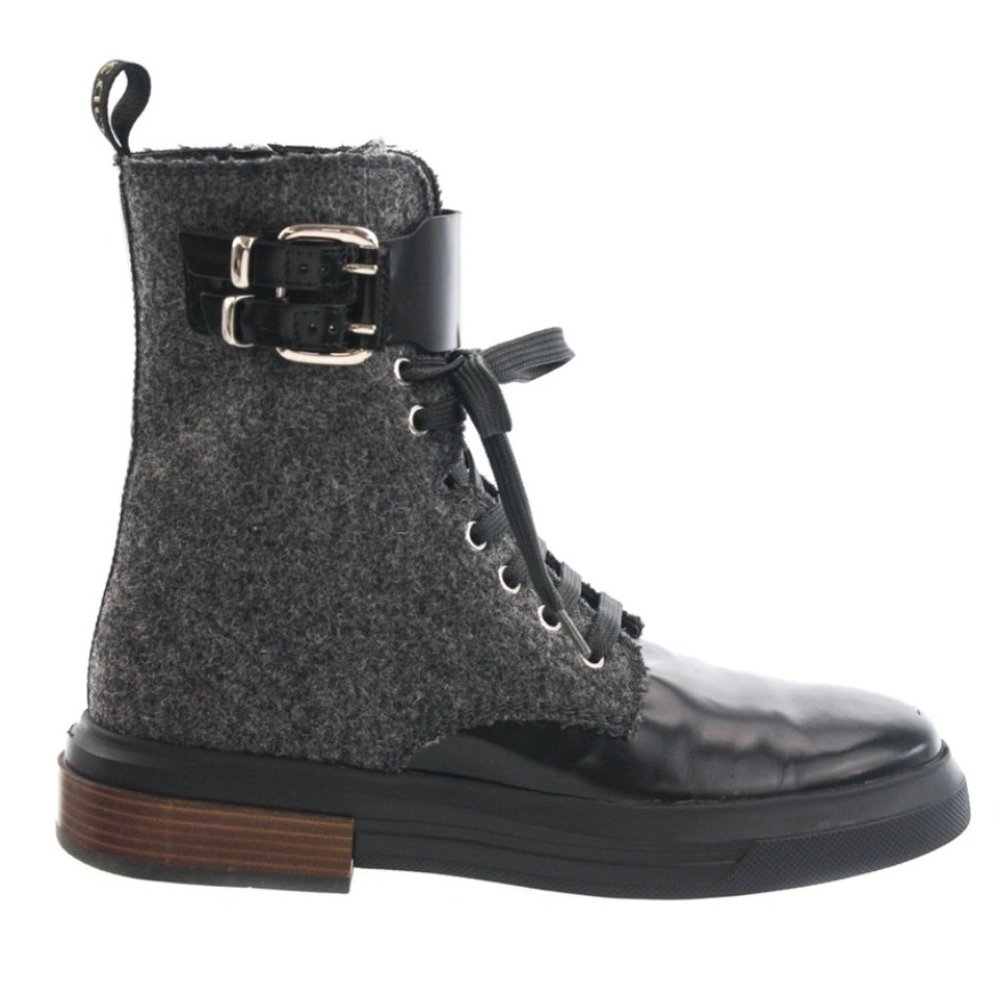 TOD'S BLACK LEATHER GREY WOOL BUCKLE BOOTS NEW SIZE 39 EU